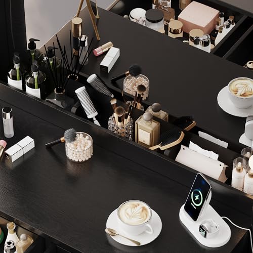 Image of 35.4 inch Black Makeup Vanity Desk with Charging Station, White Makeup Dressing Table with Mirror & Lights, 3 Lighting Modes Adjustable Brightness, Vanity Table with Power Outlet & 5 Drawers
