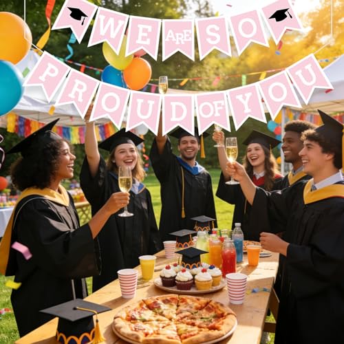 Image of Pink We Are So Proud Of You Banner Congrats Grad Cap Bunting Flag Grad Party Decoration Idea