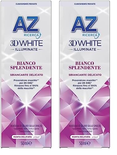 AZ Ricerca DENTIFRICIO 3D White Illuminate Bianco Splendente, SBIANCANTE DELICATO, RIMUOVE Fino al 100% delle MACCHIE Superficiali, Confezione SINGOLA da 50ml, Gusto MENTA DELICATA (Confezione da 2)