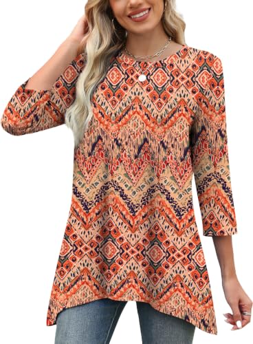 Image of OFEEFAN Tunic Tops for Women Loose Fit Dressy 3 /4 Length Sleeve Womens Tops with Asymmetrical Hem S-4XL