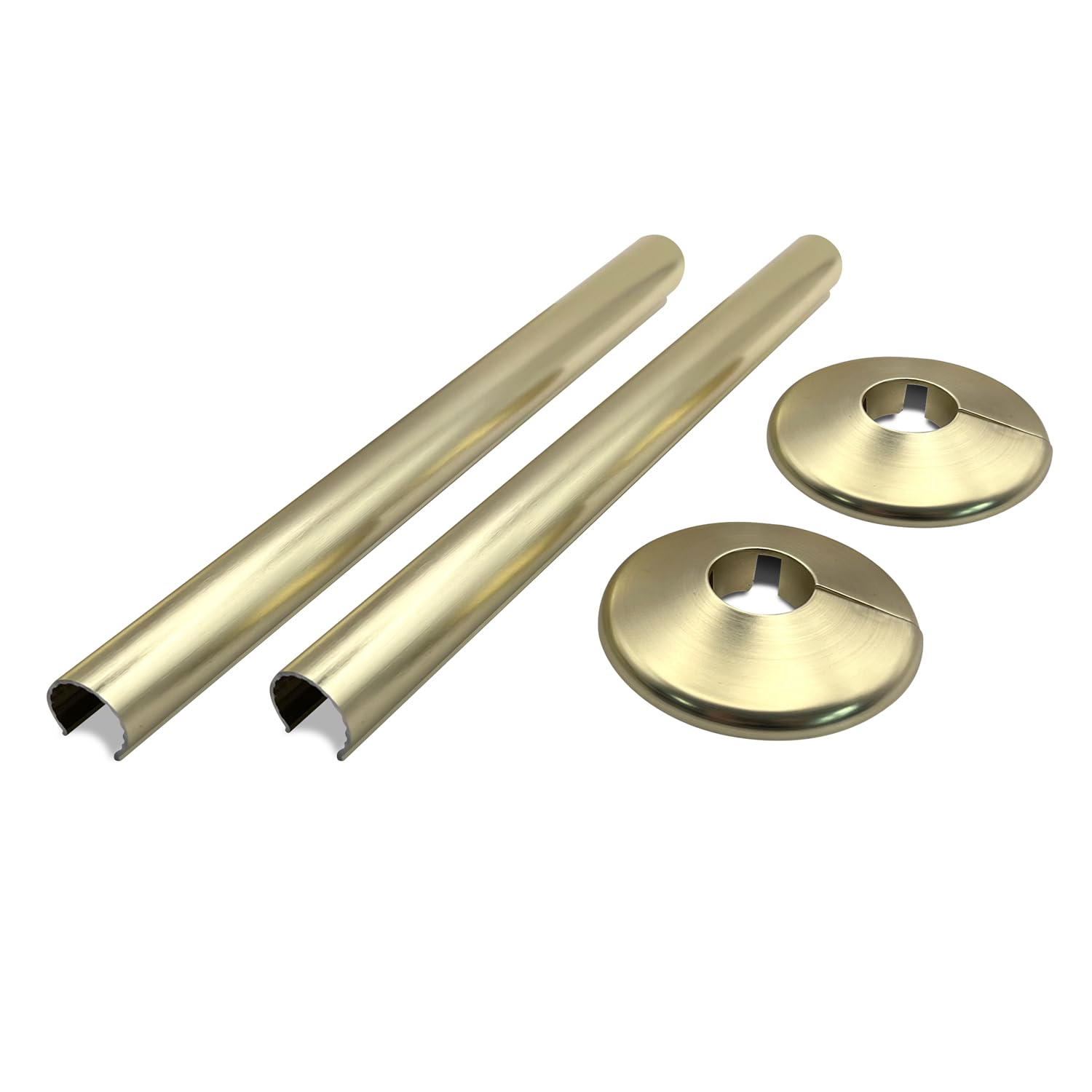 200mm Brushed Brass Retro Fit Snap On Plastic/Alloy Radiator Sleeve Cover & Collar Sets Pair for 15mm Pipe โ image 1