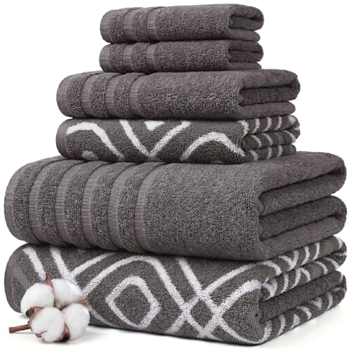 Image of Modern Threads 6 Piece Bath Towel Set - Bathroom Set with 2 Bath Towels, 2 Hand Towels, and 2 Wash Cloths - 100% Cotton, Super Absorbent & Extra Soft - Reversible Classic Diamond (Gray)