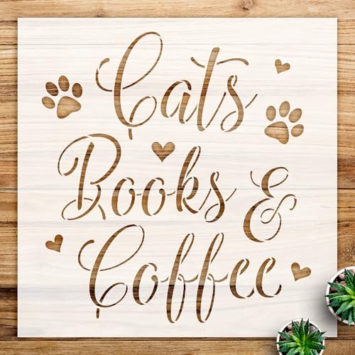 Cats Books Coffee Stencil Pattern for Walls and Crafts, Reusable Mylar Template with paw Prints and Hearts, Ideal for pet Lovers Home Decor and DIY Projects - Size A1 (23.4