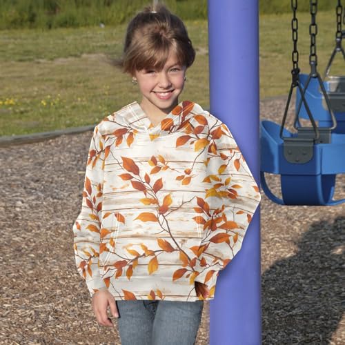 KLL Autumn Leaf on Old White Wooden Toddlers and Girls' Sweatshirts Sweater Casual Hooded Pullover Hoodies with Kangaroo4