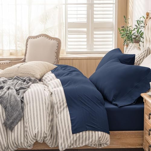PURE ERA Jersey Knit 4pc Bed Sheet Set 100% T-Shirt Cotton Super Soft Comfy Breathable Fits Mattress Up to 20" Extra Deep Pocket (Solid Navy Blue, King)