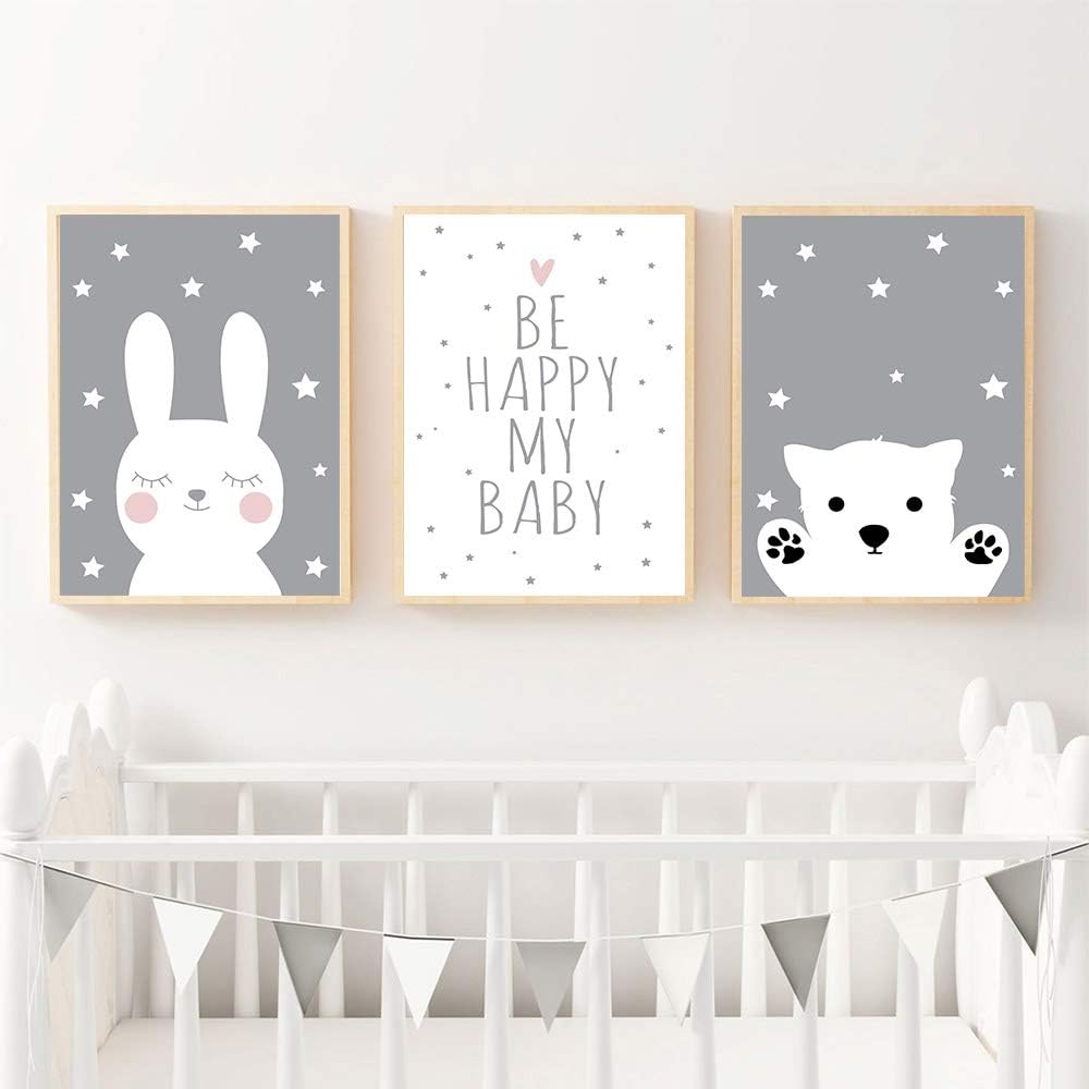 UrbanStyle Boutique Premium Nursery Art Canvas Prints (Set of 3-UNFRAMED) 12"x 16"-Bunny Bear Boy Girl Kid's Room Decor Be Happy My Baby