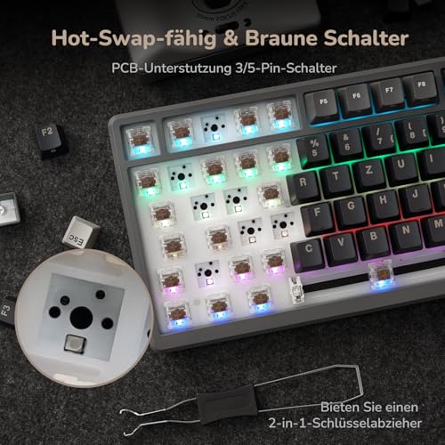 RK ROYAL KLUDGE M75 Gaming Tastatur kabellos 75% Prozent TKL Mechanische Tastatur RGB 2,4 GHz Wireless/Bluetooth/USB-C QWERTZ mit OLED-Smart-Display und Knopf Hot Swappable Braune Schalter, Grau