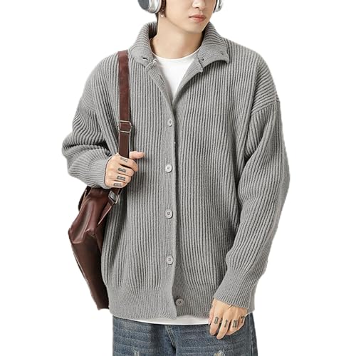 Mens Fall Ribbed Sweaters Long Sleeve Stand Collar Button Down Knit Sweater Fall Casual Sweaters