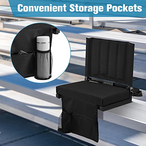Eusuncaly Stadium Seat for Bleachers with Back Support and Wide Comfy Padded Cushion, Foldable Stadium Seats Chairs with Shoulder Strap and Storage Pockets, Bench Chair for Bleachers,Black 1 Set