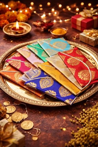 Image of SAUDEEP INDIA Pack of 100 Raw Silk Fabric Money Gift Envelopes for Wedding, Marriage, Haldi, Mehendi, Birthday & Festivals | Designer Cash Shagun Covers for Gifting | MultiColor Traditional Lifafa