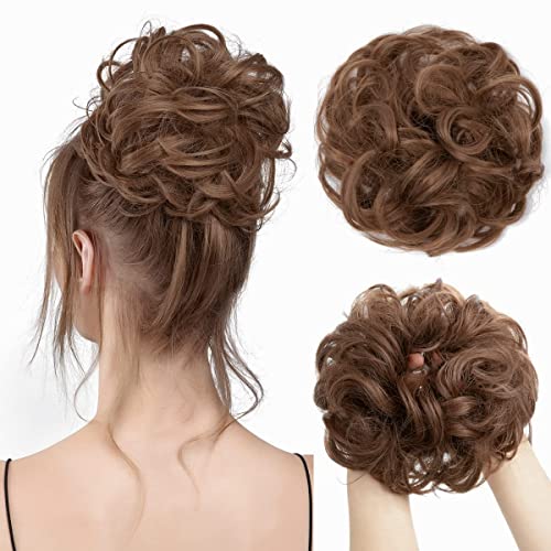 Dos piezas desordenadas de Bun con cabello marrón claro, ondulado, rizado, trenzado de cola de caballo sintético Sra. ﻿