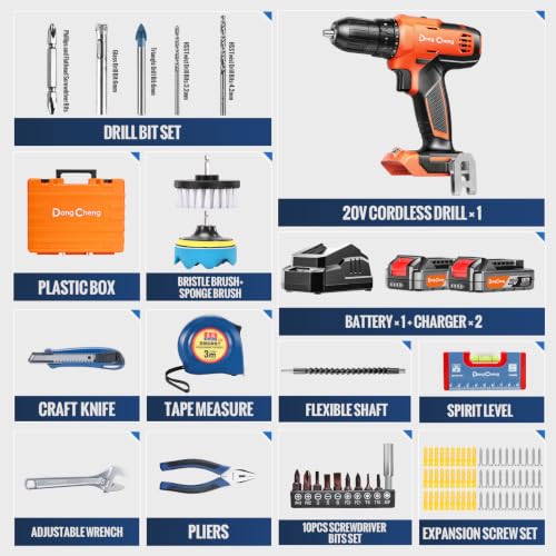 Image of DongCheng 20V Cordless Drilling Machine, 40Nm Torque, 350W Copper Motor, 18+1 Settings, 2-Speed 0-1500 RPM, 2Pcs 2.0Ah Battery and Charger, Clean Kit, Manual Tool, 16Pcs Drill Accessories for Home Use
