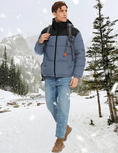 Image of PEHMEA Men's Puffer Jacket Stand Collar Zipper Coat with Pockets Retro Bubble Outwear for Winter