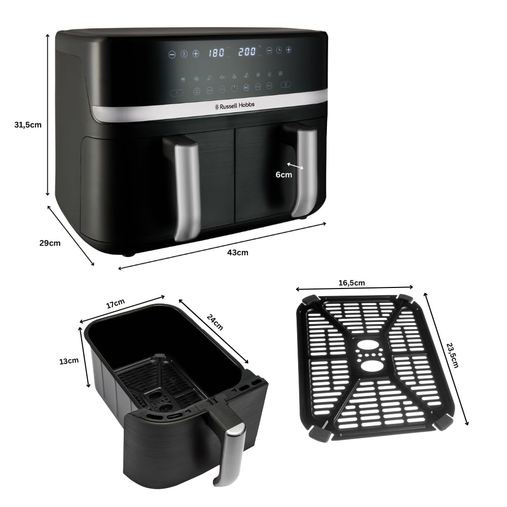 Russell Hobbs Air Fryer Rapid Air XXL (2 compartiments à 4,5 ou 9L total, Compact, silencieux, 9-en-1) Friteuse sans huile (économe, tactile,gril,rôtit et plus, pièces antiadhésives lavables) 27681-56