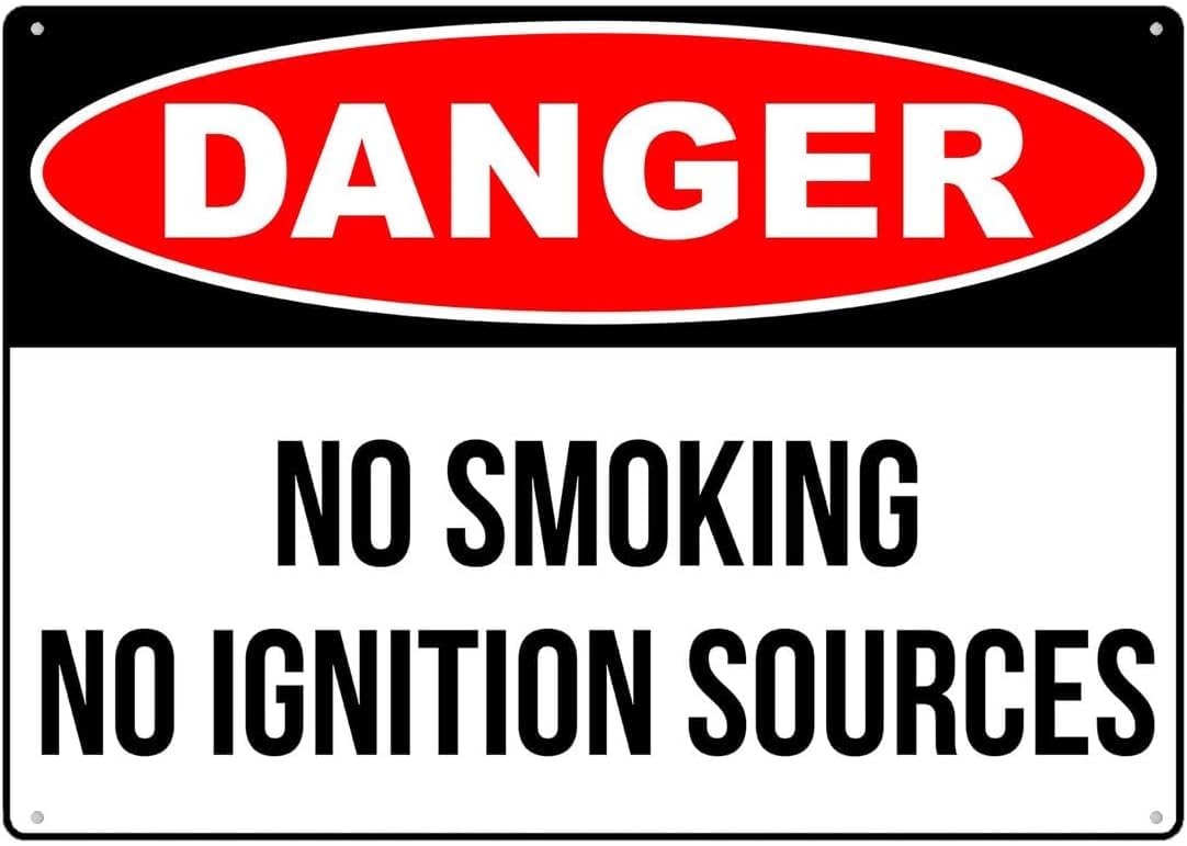 No Ignition Sources Rust Free Aluminum Tin Sign - Warning Decor with Pre-Drilled Holes for Indoor-Outdoor Lab, Flammable Storage Zone, Gas Station - 8x12 Inch​