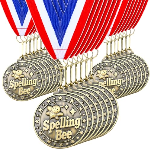 Quelay 30 Pcs 2 Award Medals Bulk Gold Winner Medals with Neck Ribbons Metal Trophy Award Prize Gift for Tournaments Competitions Party Kids and Adults (Spelling Bee)