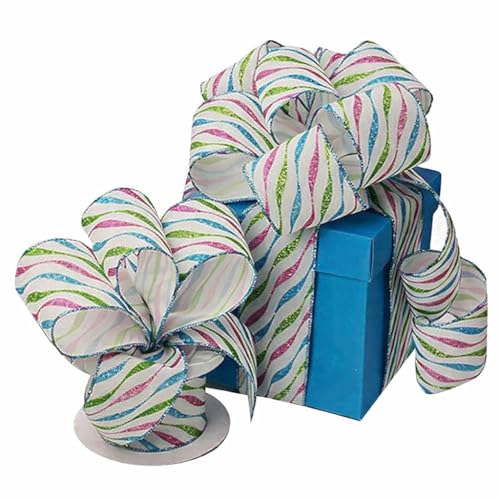 Image of Easter Swirl Glitter Wired Ribbon - 2 1 /2 inch x 10 Yards, Christmas Decor, Mardi Gras, White, Blue, Pink, Green Stripes, Gift Basket Decoration, Birthday, Wrapping, Wreaths, Bows