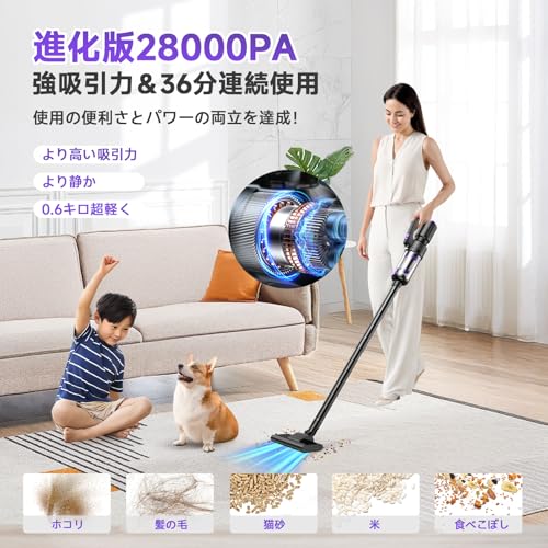 Bivark BK001 掃除機 コードレス 28000pa超強力吸引【2025業界初!吹き飛ぶ/吸い込む/空気入れ&超軽量】36分連続稼働 0.6kg Type-C充電式 スティック掃除機 6WAY LEDライト付 低騒音 布団用ブラシ付 の商品画像 1