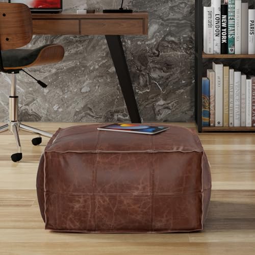 SIMPLIHOME Brody 26" Wide Genuine Leather Square Pouf in Distressed Brown by SIMPLIHOME - Image 2
