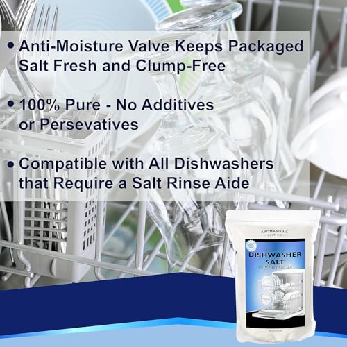 Aromasong Dishwasher Salt 15 LB - 100% Natural Water Softening Agent Compatible with Bosch, Miele, Whirlpool, Thermador, and More... for Cleaner Dishes & Washer Reactivation. (packaging may vary)