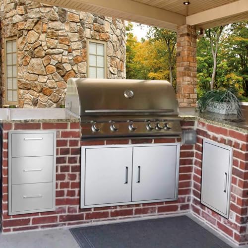 Image of Outdoor Kitchen Drawers with Paper Towel Holder,Stainless Steel Double BBQ Drawer, 17 inch W x 30 inch H x 21 inch D Flush Mount Access Drawer for Outdoor Kitchen,BBQ Island