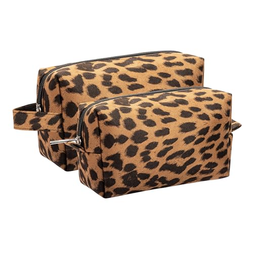 Leopard Print Makeup Bags, 2 Pieces Large Capacity Soft Cosmetic Bags, Travel Toiletry Organizer for Women (Brown)