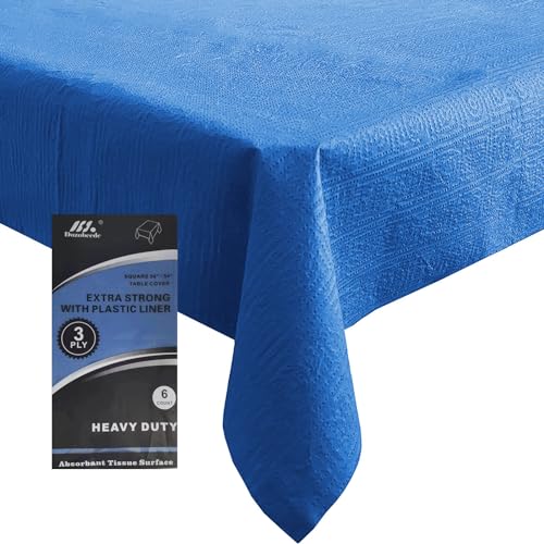 Dozobeede [6 Pack] Blue Square Tablecloths 54x54 Inch, Disposable Paper Table Cloth for Square and Round Tables, Waterproof 3-Ply Paper & Platic Table Cover for Holiday Party Gathering Graduation