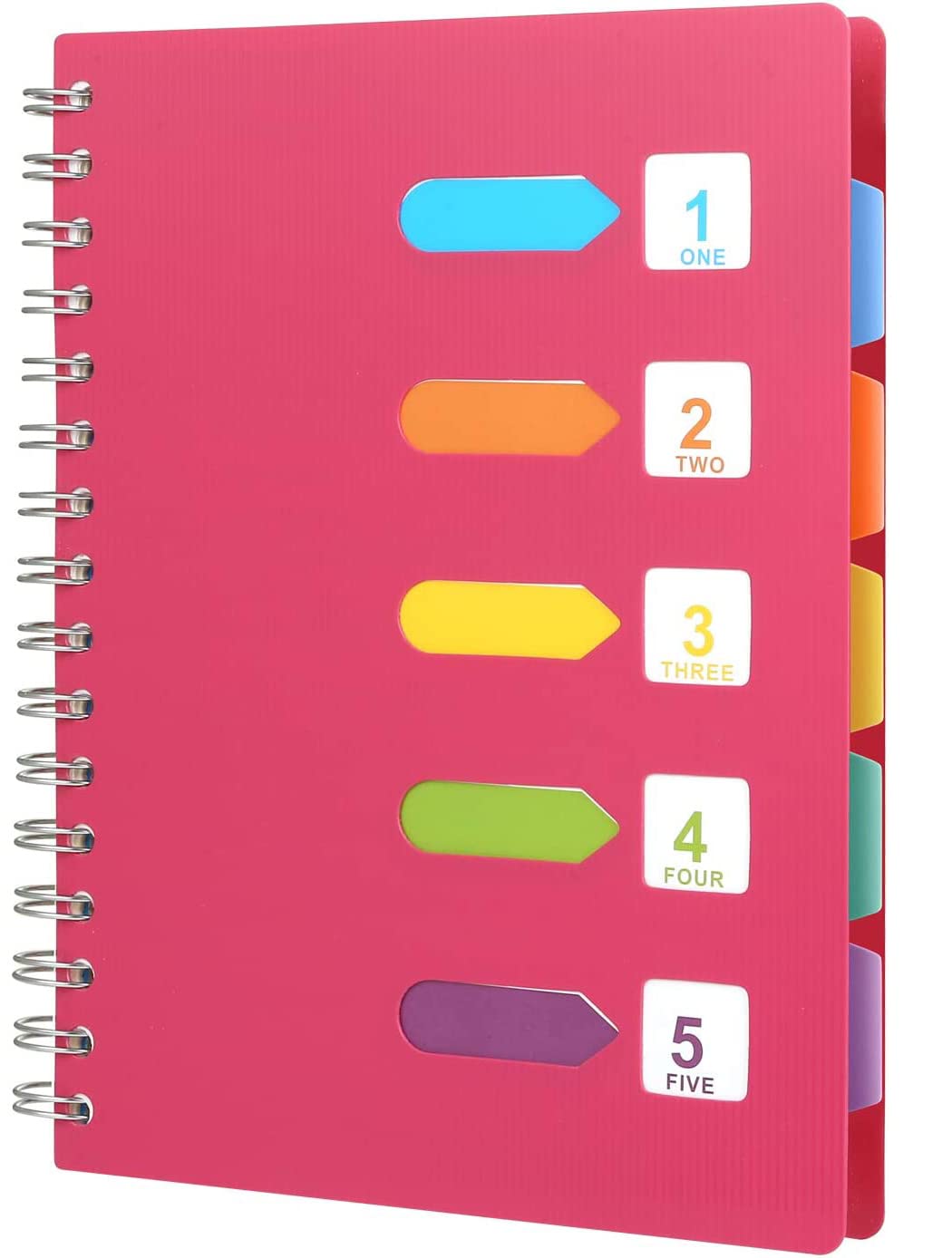 A5 Subject Notebook with Lined Page, 5 Colored Divider Subject Notebook Wirebound Spiral Notebook Hardcover Memo Planner Journal Pad for Students Teens Office School (Rose-red)