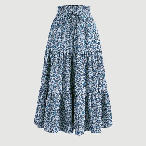 Long Floral Skirts for Women Trendy Ruffle Tiered Flowy Boho Skirts Drawstring A-line Summer Vacation Beach Skirt2
