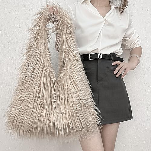 Image of Aisi Women Faux Fur Tote Bag Fluffy Plush Shoulder Bags Soft Casual Hobo Bag Big Capacity Shopping Bag