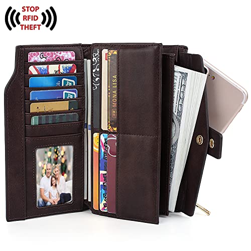 Image of UTO Women's RFID Blocking Large Capacity Vegan Leather Clutch Wallet 21 Card Slots Holder Organizer Ladies Veganrse with Wristlet A Coffee