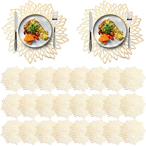 Chengu 80 Pieces Round Pressed Vinyl Placemats Metallic Hollow Out Leaf Flower Table Mats Decorative Wedding Round Placemat for Holiday Party Reception Home Kitchen Dining Table(Gold)