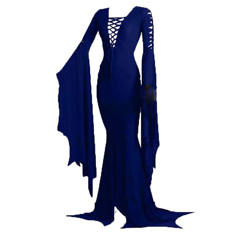 Funthy Women's Morticia Addams Floor Dress Costume Witch Sexy Gothic Vintage Dress Solid Long Sleeve Gown for Halloween Carnival Party Cosplay Costumes-Blue||S