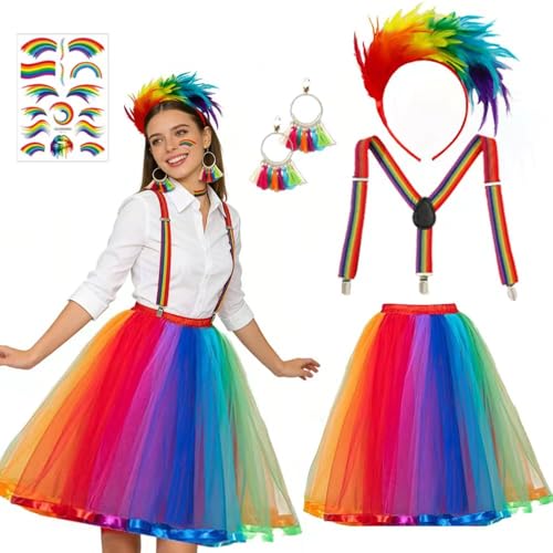 PASLFC Regenbogen Kostüm,Regenbogen Rock Damen Tüll,regenbogen tüllrock damen,mit feder haarreif bunt,Regenbogens Tattoos,Tütü mit Hosenträger...