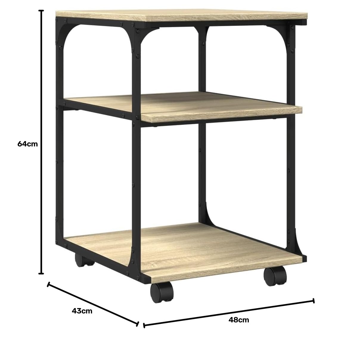 Tavolo per stampante con ruote, vassoio per stampante stabile, 3 ripiani, rovere Sonoma, 43 x 48 x 64 cm, in legno con telaio in acciaio, supporto per stampante mobile da ufficio con 4 ruote