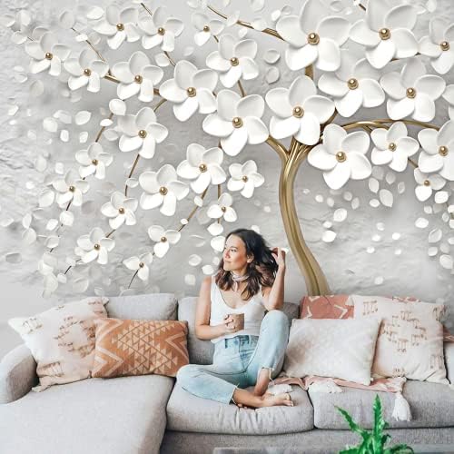 Muravie 3D Gold Tree Floral, White 3D Floral Wall Mural, Wall Art Floral Mural, Living Room Bedroom Design, Peel and Stick Bedroom Wallpaper Custom Size (3D Gold & White Tree Floral)