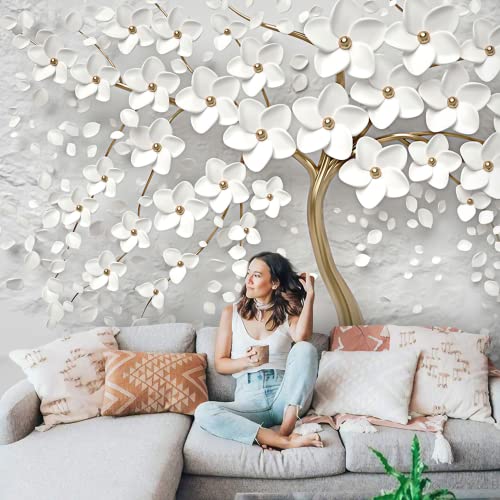 Muravie 3D Gold Tree Floral, White 3D Floral Wall Mural, Wall Art Floral Mural, Living Room Bedroom Design, Peel And Stick Bedroom Wallpaper Custom Size (3D Gold & White Tree Floral) #TOP29
