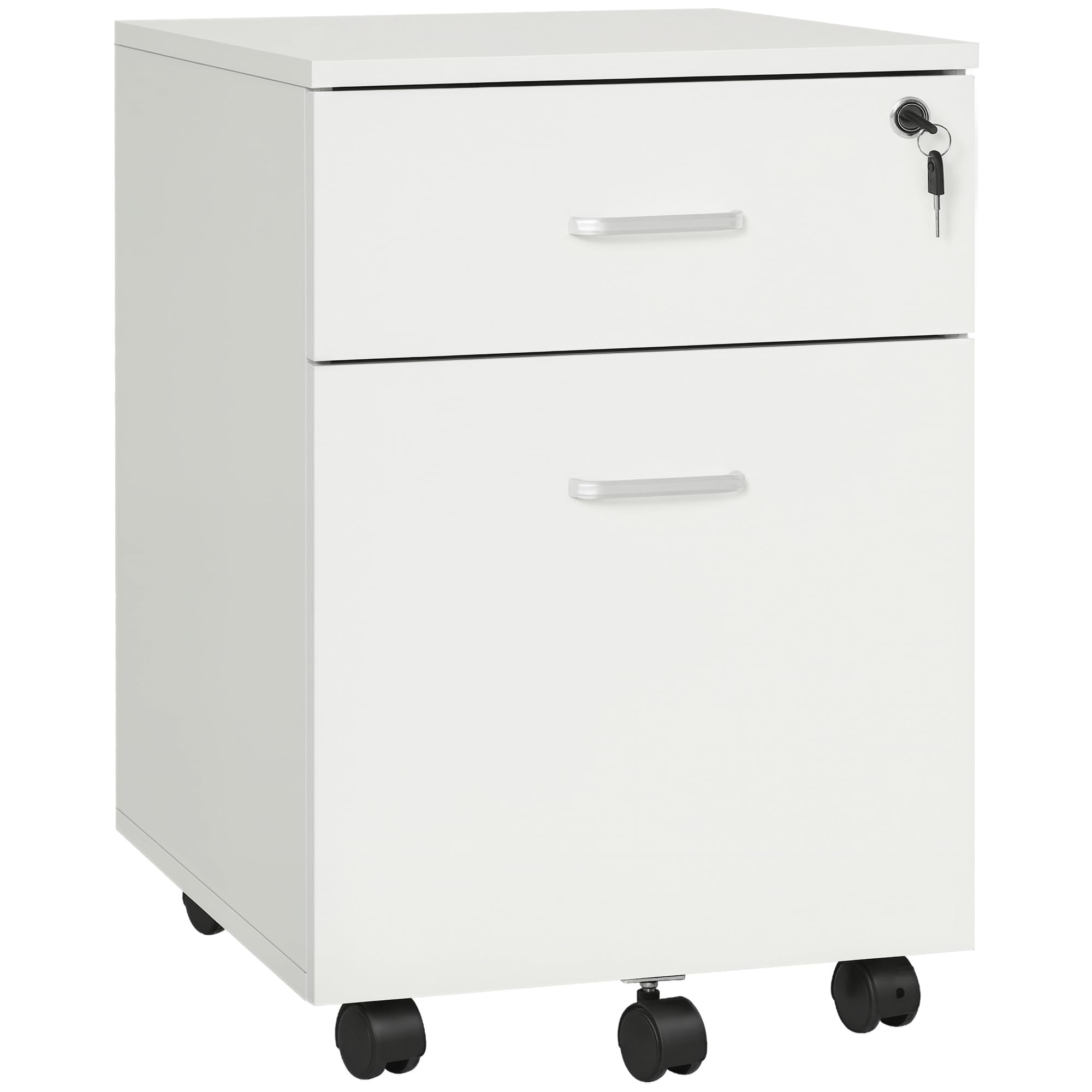 Vinsetto Cassettiera Ufficio con 2 Cassetti e 5 Ruote, Schedario da Ufficio in Legno con Serratura Porta Documenti Cartelle, Ideale per Soggiorno, Studio, 40x49x58 cm, Bianco