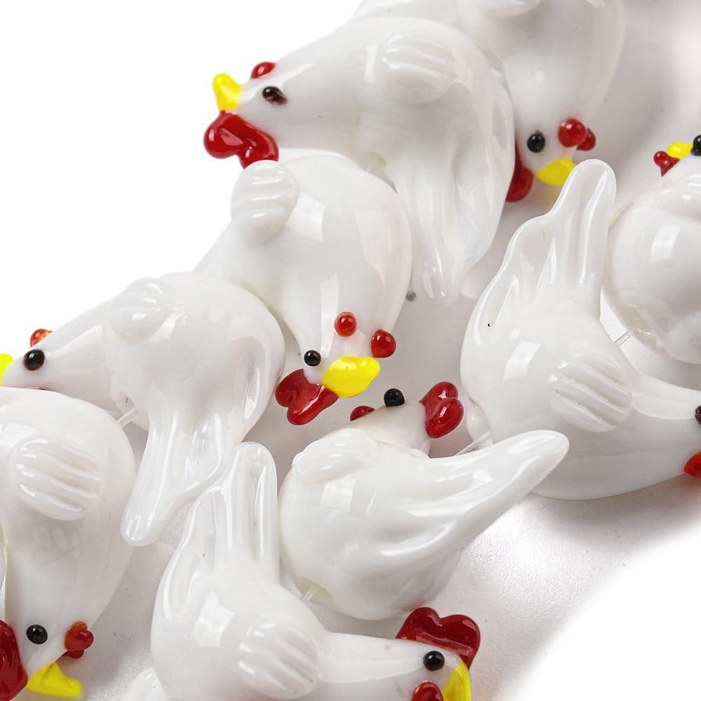 DanLingJewelry Approx 40Pcs White Handmade Lampwork Farm Animal Beads Glass Chicken Beads for DIY Jewelry Necklace Bracelets Making