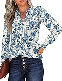 Bashafo Womens Tops 2025 Long Sleeve Shirt for Women Tunic Blouses Spring Womens Fashion Trendy Apricot Blue Floral XL