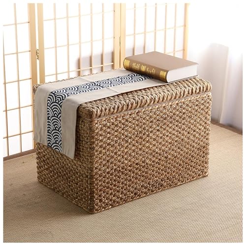 Baúl y banco de mimbre tejido rústico para almacenamiento de hierba marina estilo granja, reposapiés de madera, solución de almacenamiento de ratán para sala de estar, 28 x 16 x 18 pulgadas