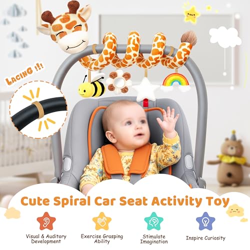 Image of Stuffed Spiral Car Seat Baby Toys 6-12 Months, Infant Giraffe Sensory Toys Hanging Stroller Accessories, Newborn Shower Gifts for Baby Boys Girls Essentials | Cute Colorful Giraffe
