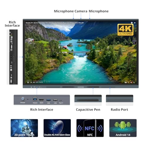 Image of 65″ Smart Board, 4K UHD Interactive Whiteboard with Android 14 System and 13MP Camera, All in One Digital Whiteboard for Home, Classroom and Business (Wall Mount Included)