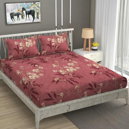 Image of Premium Heavy Cotton Flat Bedsheets with 2 King Size Pillow Covers | Double Bed 350 TC | 90 x 100 Inch King Size Flat | :- Maroon Flower
