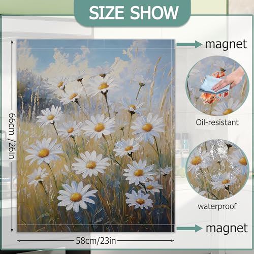 Image of White Daisy Flower Dishwasher Covers for The Front Magnetic,Rustic Wildflower Refrigerator Magnets Decoration,Reusable Dishwasher Cover Panel for Home Kitchen Decor 23x26 Inch