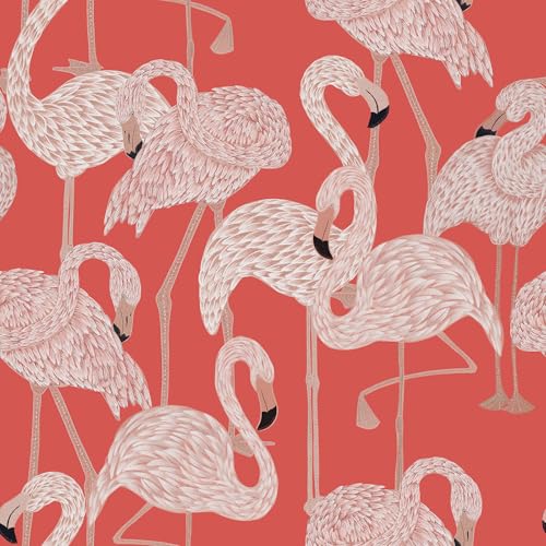 VEELIKE Papier Peint Flamant Rose Corail Vintage Papier Peint Jungle 44,5 cm x 300 cm Papiers Peints Animaux Adhesif Mural Decoratif Chambre Salle de Bain Couloir Rouleau Adhesif pour Meuble Amovible