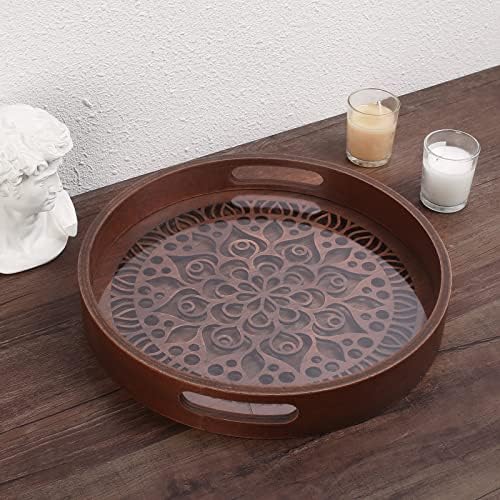 LINKOVE 12" Decorative Tray, Round Wood Tray for Home Decor, Small Wooden Serving Tray with Handles for Coffee Table Decor Centerpiece Kitchen Counter,Rustic Circle Candle Perfume Tray Decor