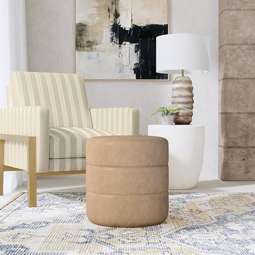 Image of HomePop 18 inch Round Ottoman - Sand Faux Leather