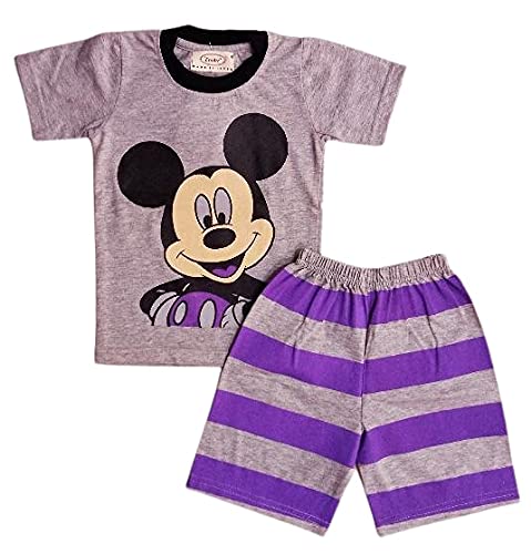 Rabbitto SpottyMickey Mouse Printed Half Sleeves T Shirts with Stripes Half Pants Set for Baby Boys