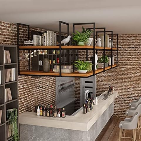 DMCHENGMA Hanging Ceiling Rack Shelf Suspended Wine Rack Wooden Board Iron Frame Restaurant Home Ceiling Partition Industrial Kitchen Vintage-Style Ceiling Hanging Pot Pan Rack (Size : 100x30x80cm) Cover